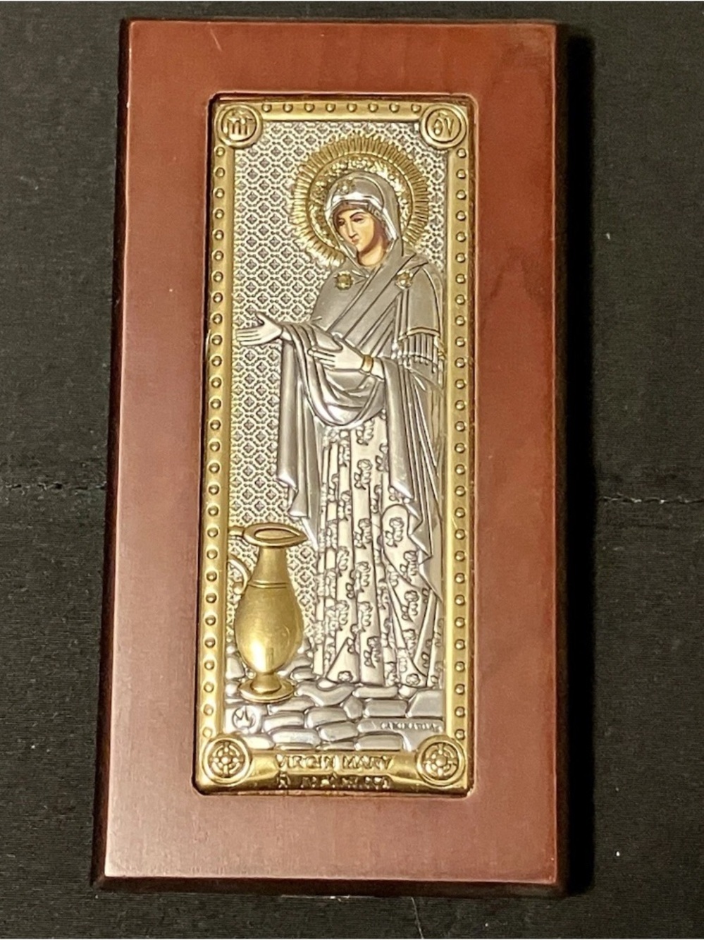 Greek Orthodox Holy Icon of the Theotokos Gerontissa Mary 950 Silver Sterling